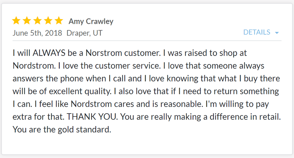 El servicio de atención al cliente de Nordstrom es siempre de primera