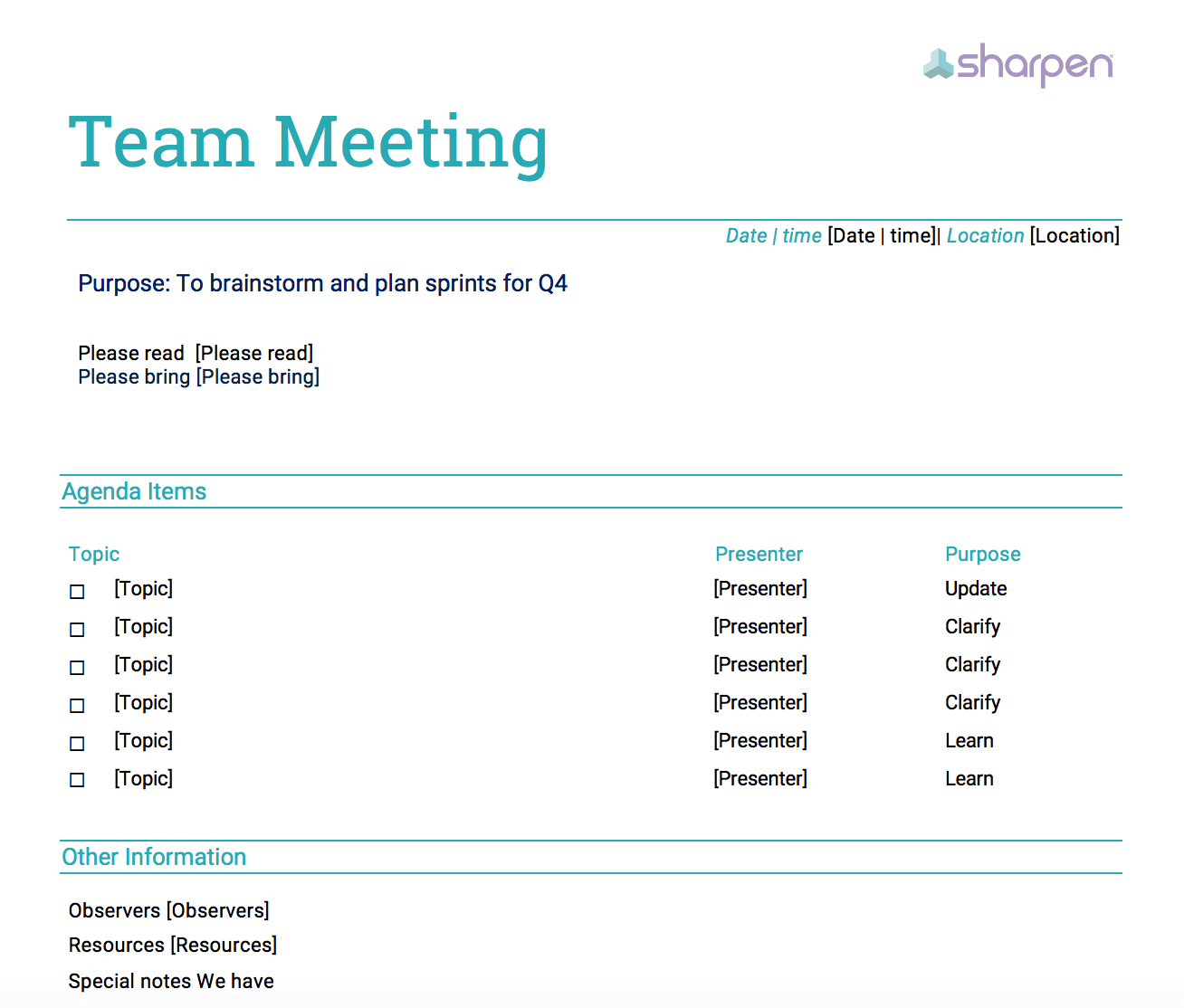 Use this template to create your own customer service team meeting agenda